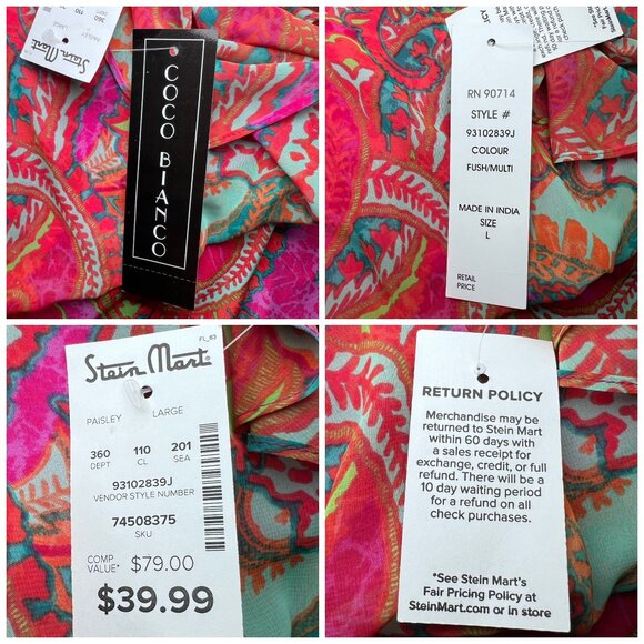 Coco Bianco Pink Paisley Sheer Batwing Blouse Lined Flowing Top Size Large - Picture 4 of 9